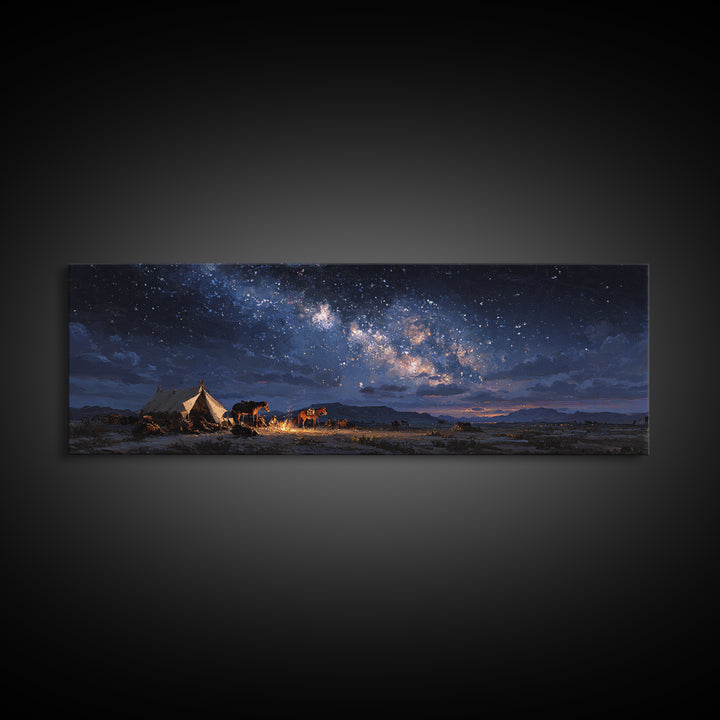 Starry Night Desert Camp With Horses Wall Art, Milky Way Western Landscape Canvas Print, Rustic Cowboy Decor For Living Room