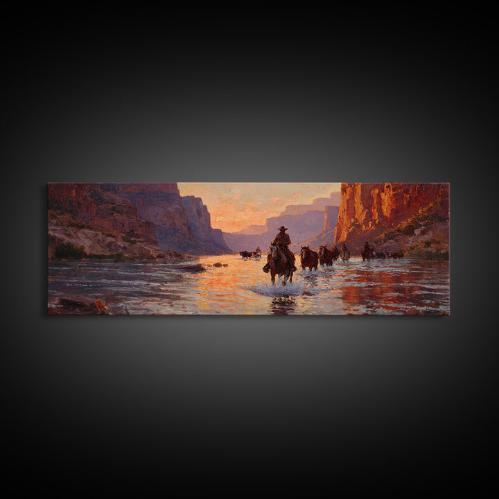 Cowboys Crossing River Canyon Framed Canvas Print, Large Western Wall Art, Sunset Landscape, Rustic Ranch Decor, Gift For Him