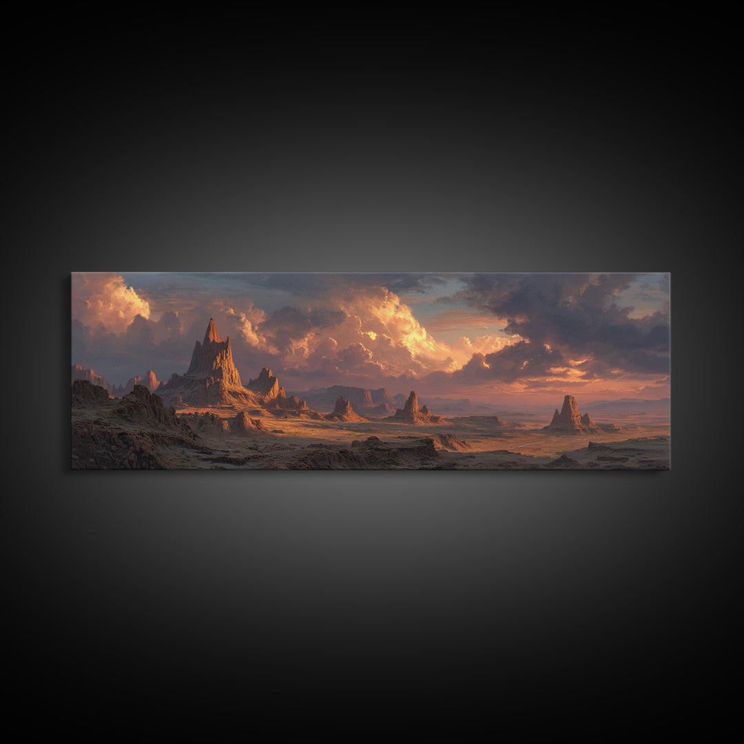 Epic Desert Spires At Sunset Canvas Print, Fantasy Landscape Wall Art For Game Room Decor, Southwestern Sci Fi Home Decor
