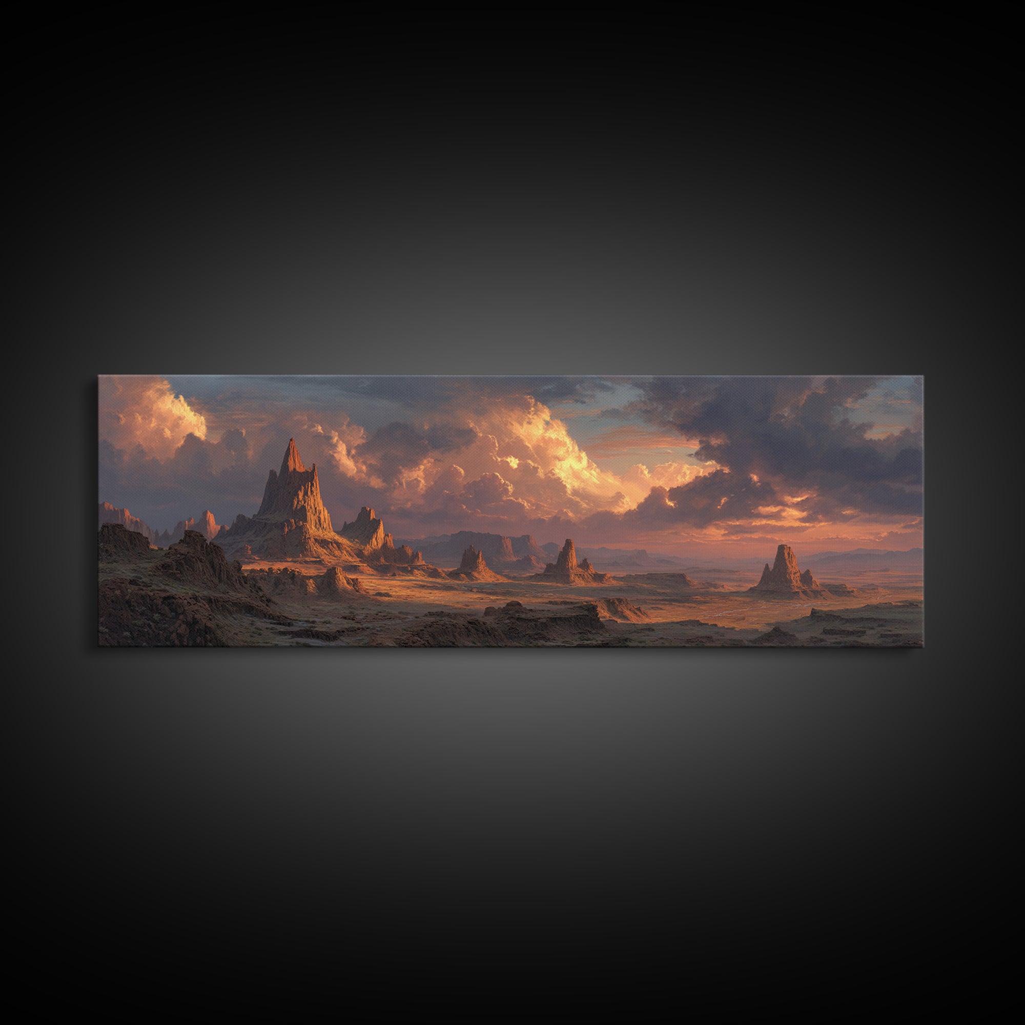 Epic Desert Spires At Sunset Canvas Print, Fantasy Landscape Wall Art For Game Room Decor, Southwestern Sci Fi Home Decor