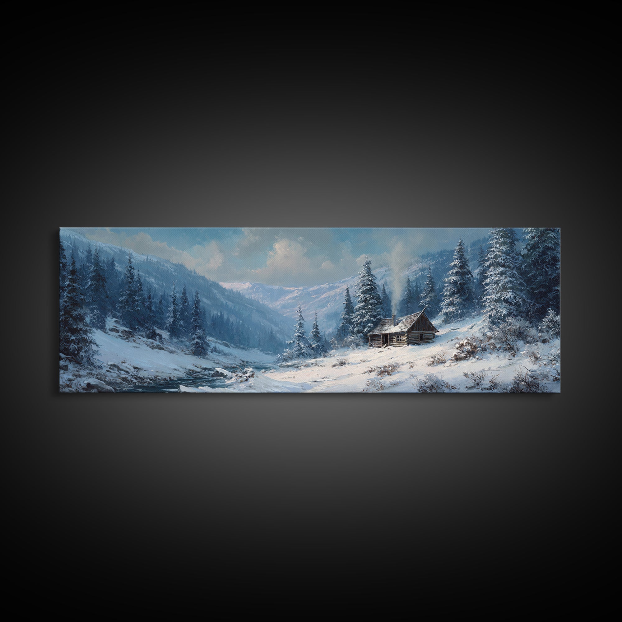 Snowy Mountain Cabin In Pine Forest, Winter Wall Art, Landscape Canvas Print, Rustic Lodge Decor, Cozy Cabin Decor, Nature Wall Art