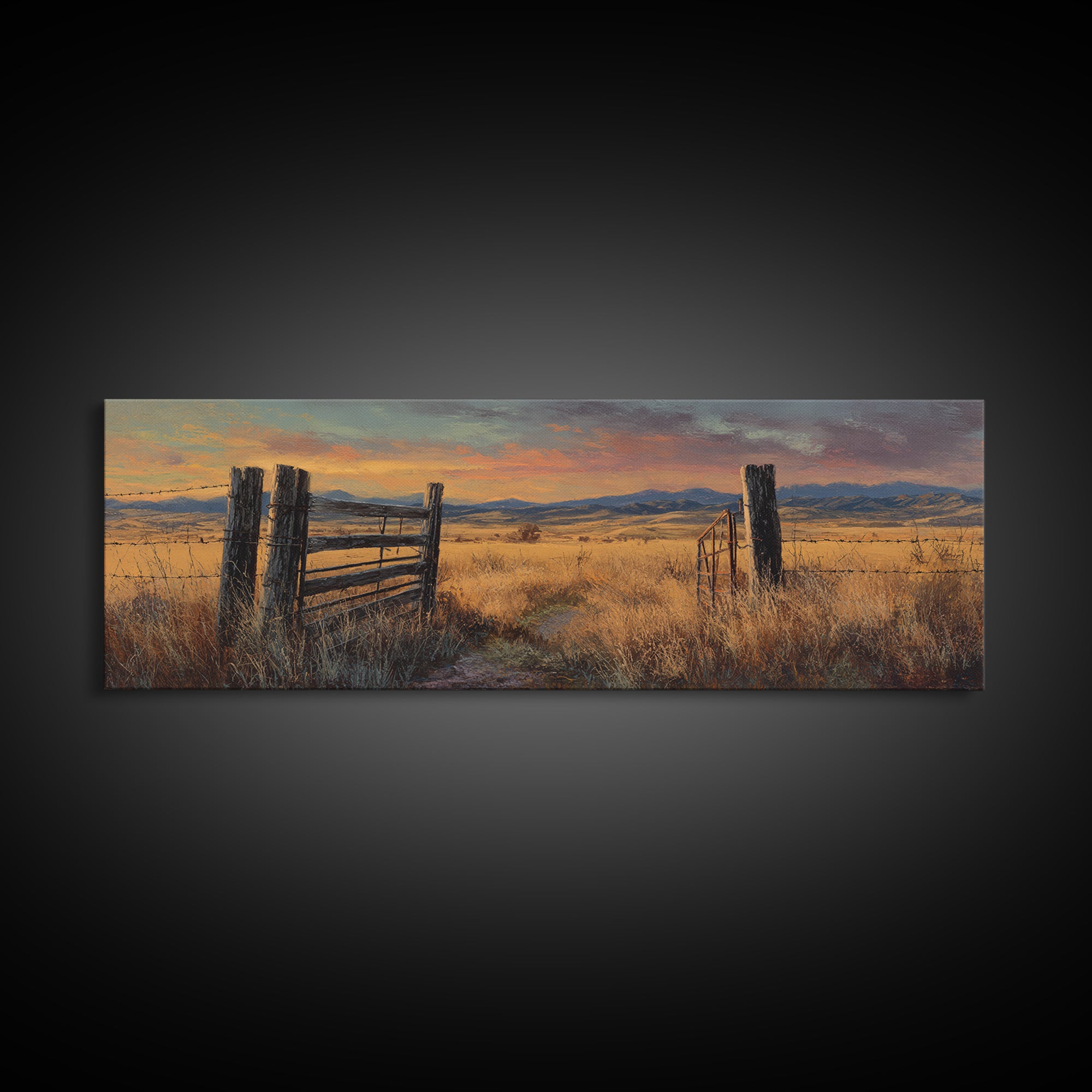 Weathered Fence And Golden Prairie Framed Canvas Print, Rustic Country Wall Art, Farmhouse Landscape, Warm Neutral Decor