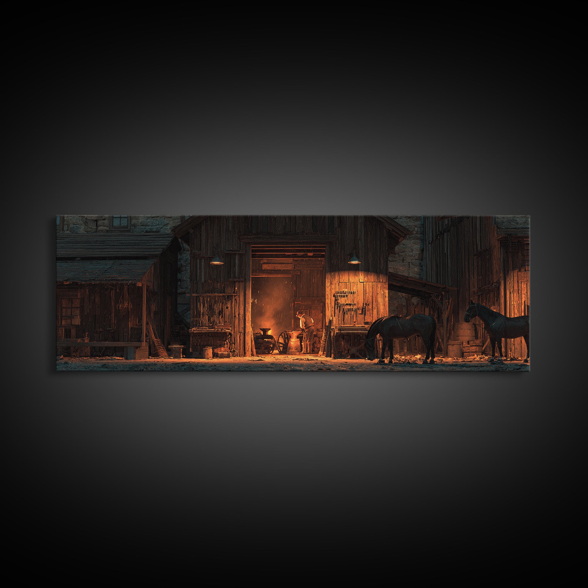Rustic Horse Barn Wall Art, Warm Western Stable At Night, Farmhouse Ranch Decor, Cowboy Living Room Large Framed Canvas Print