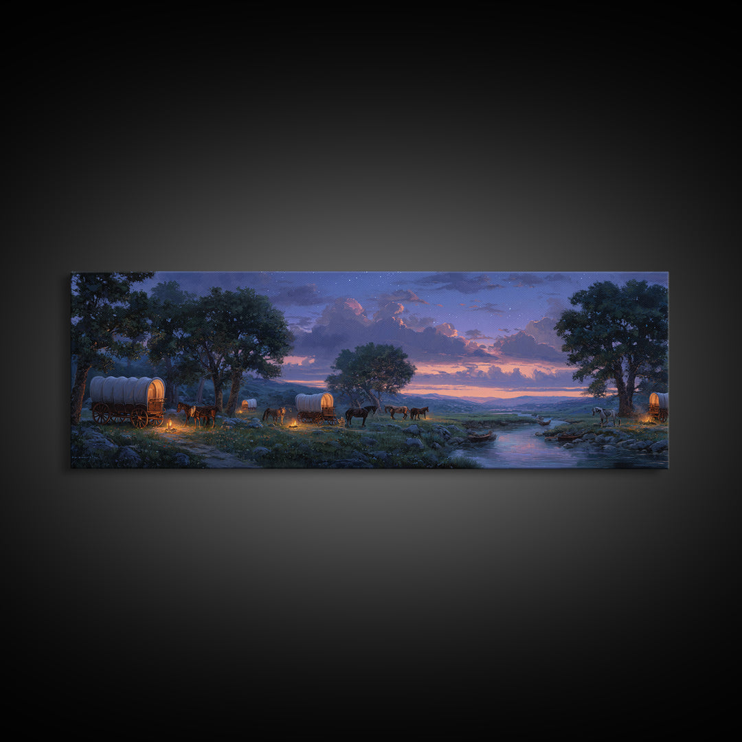 Covered Wagons At Twilight River Wall Art, Western Landscape Canvas Print, Rustic Farmhouse Decor, Cowboy Home Decor Gift