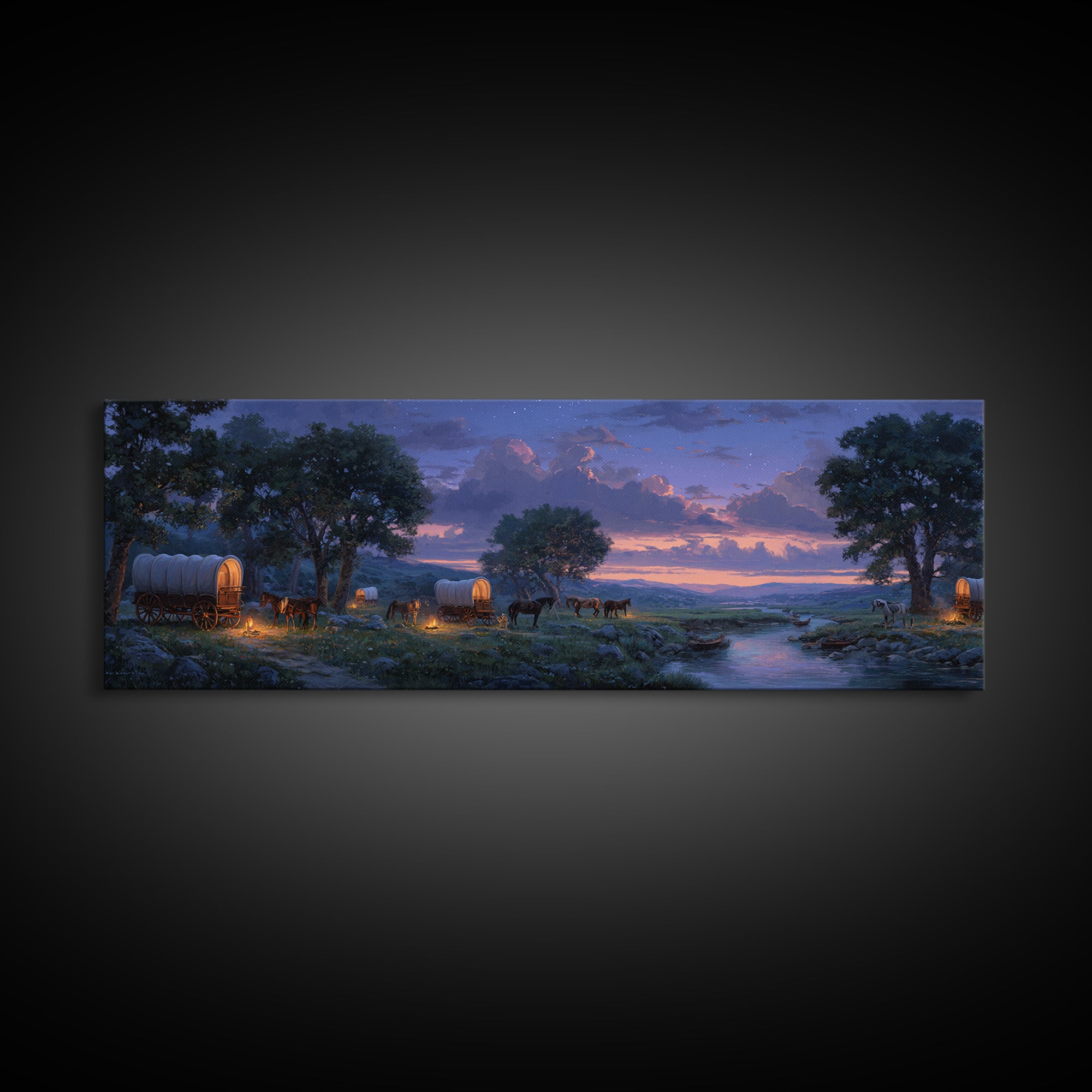 Covered Wagons At Twilight River Wall Art, Western Landscape Canvas Print, Rustic Farmhouse Decor, Cowboy Home Decor Gift