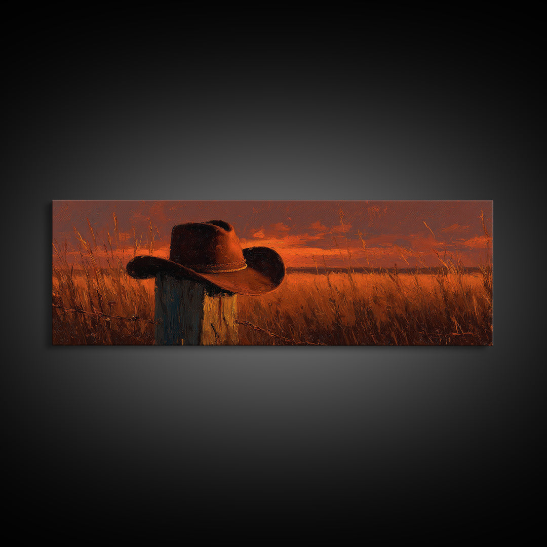 Weathered Cowboy Hat At Golden Sunset Wall Art, Western Ranch Decor, Rustic Country Landscape Print, Farmhouse Canvas Print