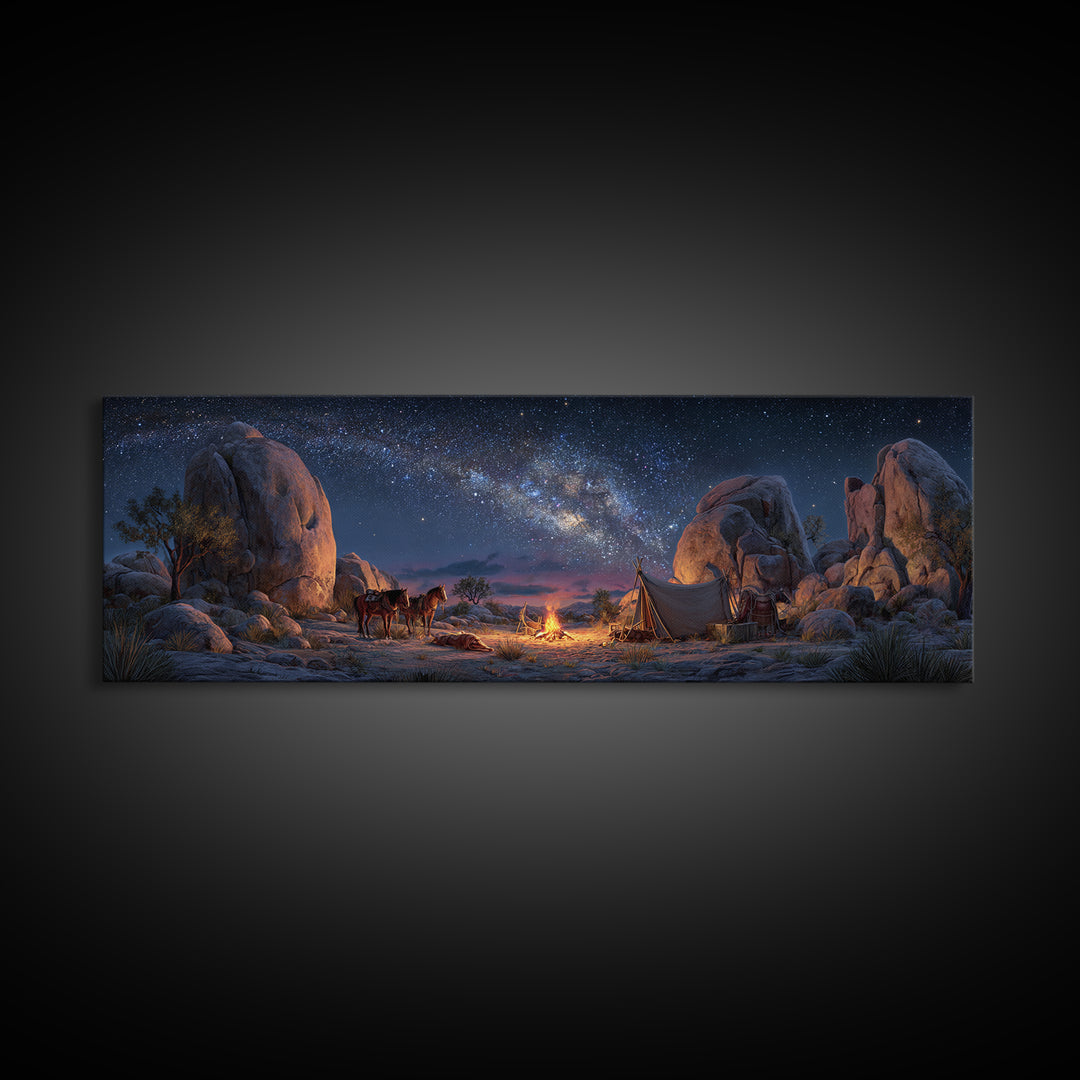 Milky Way Desert Camp With Wagon Framed Canvas Print, Western Night Sky Wall Art, Rustic Cabin Decor And Housewarming Gift For Him