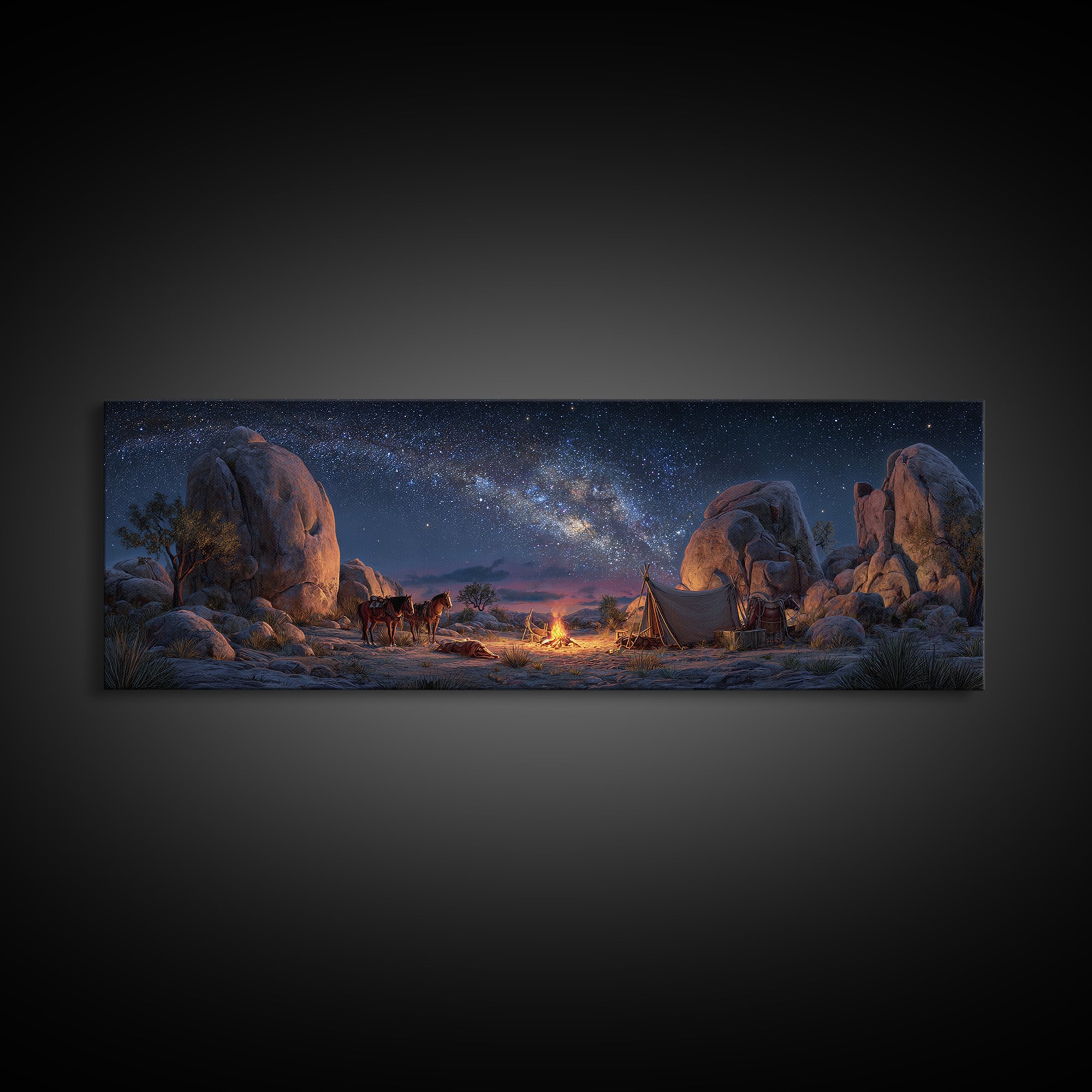 Milky Way Desert Camp With Wagon Framed Canvas Print, Western Night Sky Wall Art, Rustic Cabin Decor And Housewarming Gift For Him