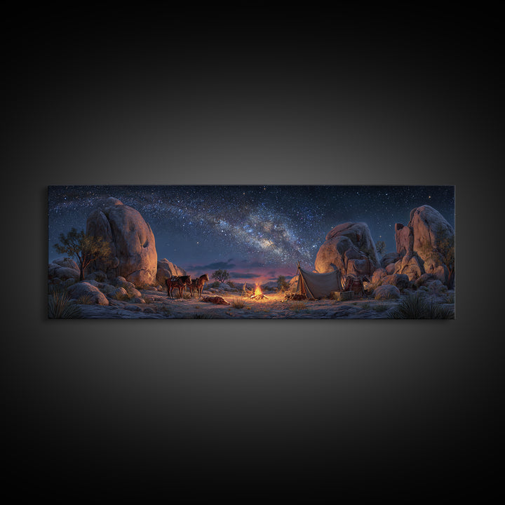 Milky Way Desert Camp With Wagon Framed Canvas Print, Western Night Sky Wall Art, Rustic Cabin Decor And Housewarming Gift For Him