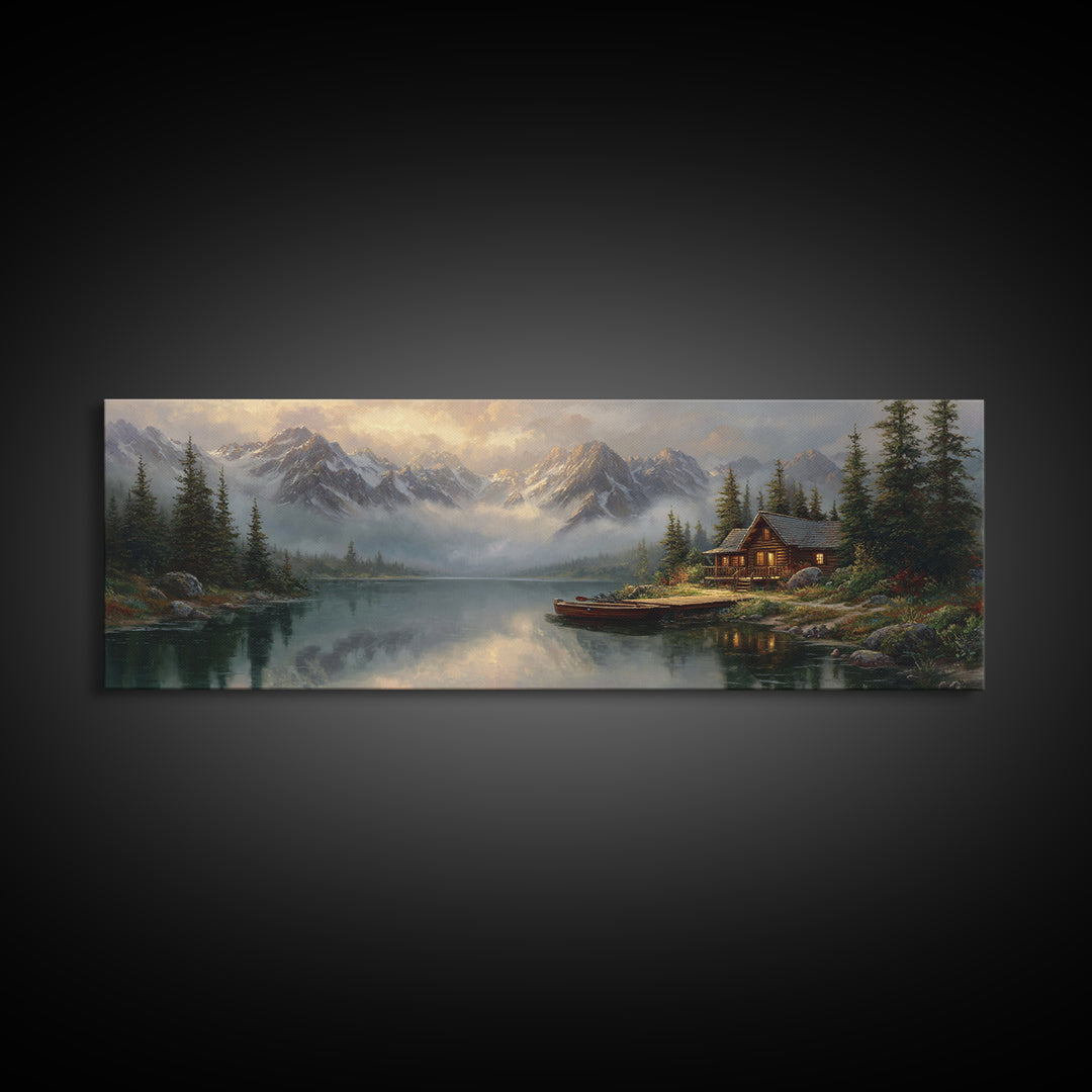 Mountain Lake Cabin Wall Art, Misty Alpine Landscape Canvas, Rustic Nature Decor, Large Horizontal Living Room Print, Housewarming Gift