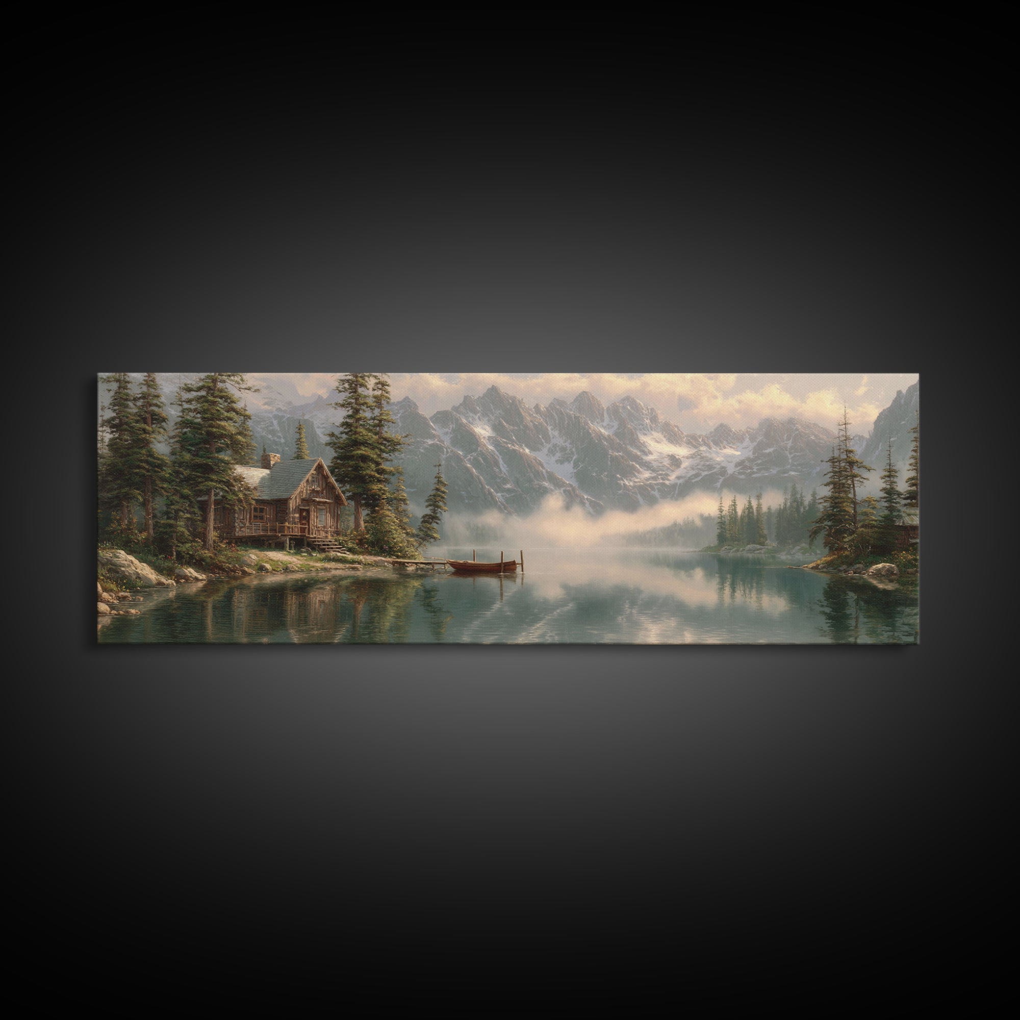 Misty Alpine Cabin Lake Wall Art, Mountain Landscape Canvas, Rustic Nature Decor, Large Horizontal Living Room Print, Housewarming Gift