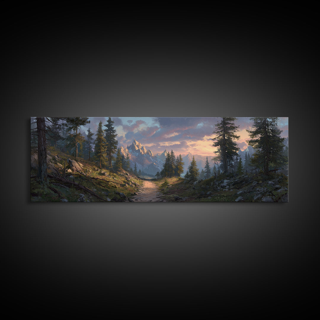 Misty Mountain Forest Trail Canvas Print, Panoramic Landscape Wall Art, Rustic Cabin Decor, Nature Print, Living Room Art