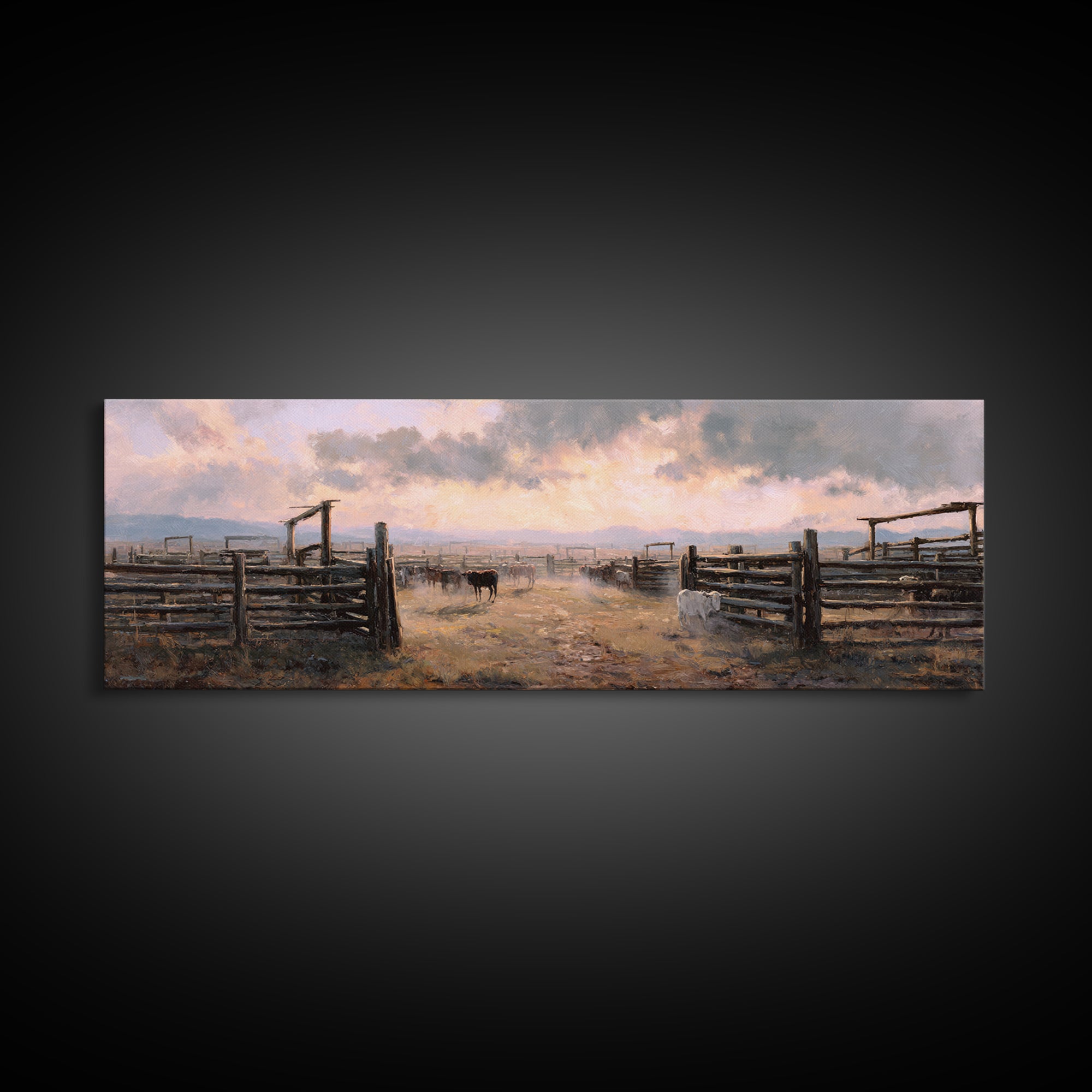 Rustic Cattle Corral At Sunset Wall Art, Western Ranch Canvas Print, Farmhouse Country Decor, Moody Landscape Gift For Him