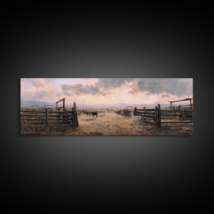 Rustic Cattle Corral At Sunset Wall Art, Western Ranch Canvas Print, Farmhouse Country Decor, Moody Landscape Gift For Him