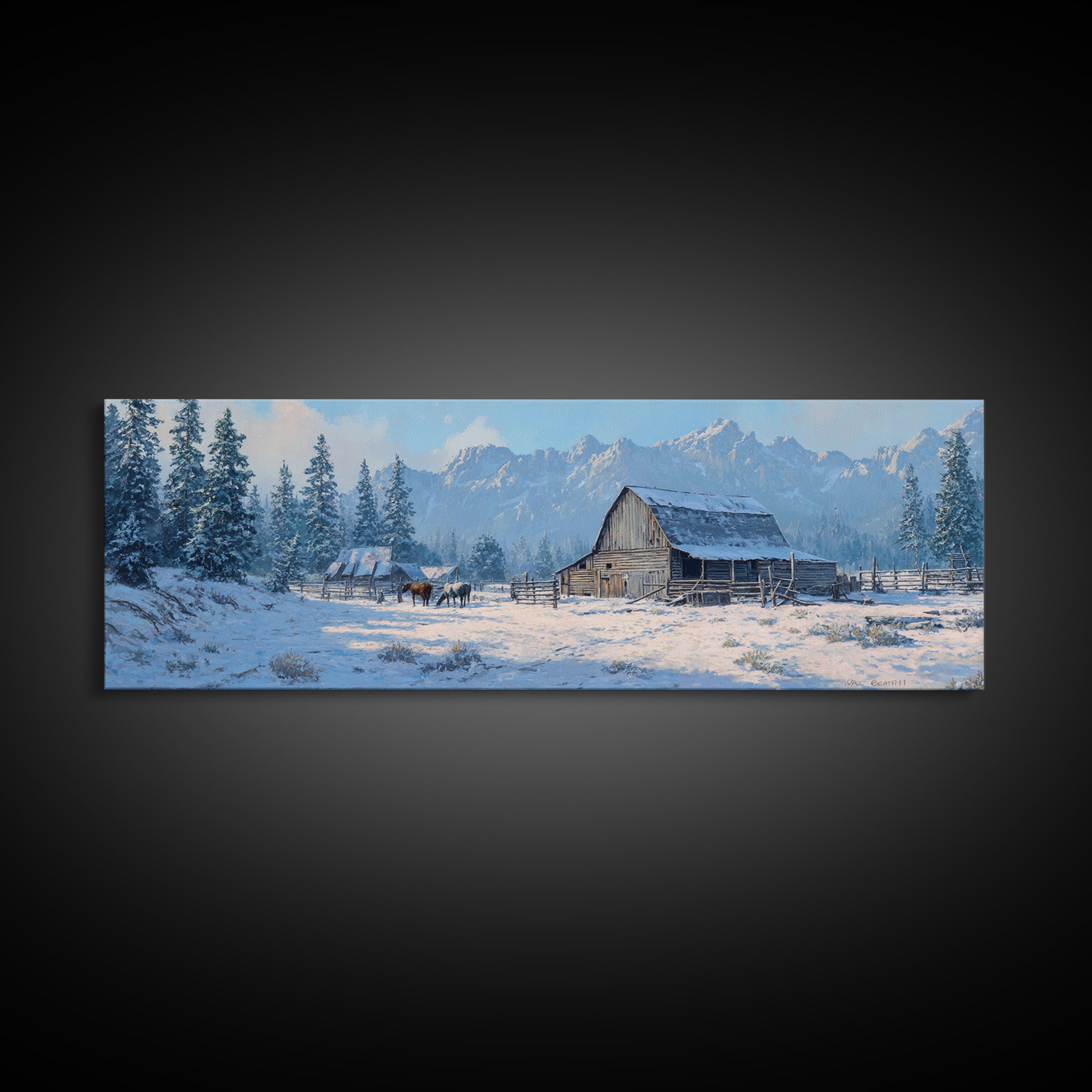 Snowy Mountain Barn Framed Canvas Print, Rustic Farmhouse Wall Art, Winter Landscape Decor, Cabin Living Room Wall Art Print
