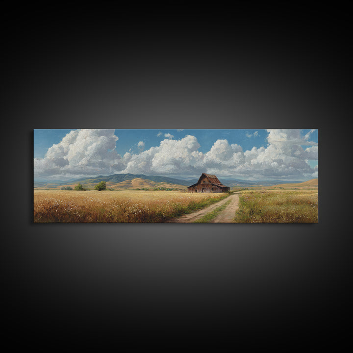 Rustic Prairie Barn Wall Art, Country Landscape Canvas Print, Farmhouse Decor, Rural Home Decor, Large Horizontal Art, Living Room Decor
