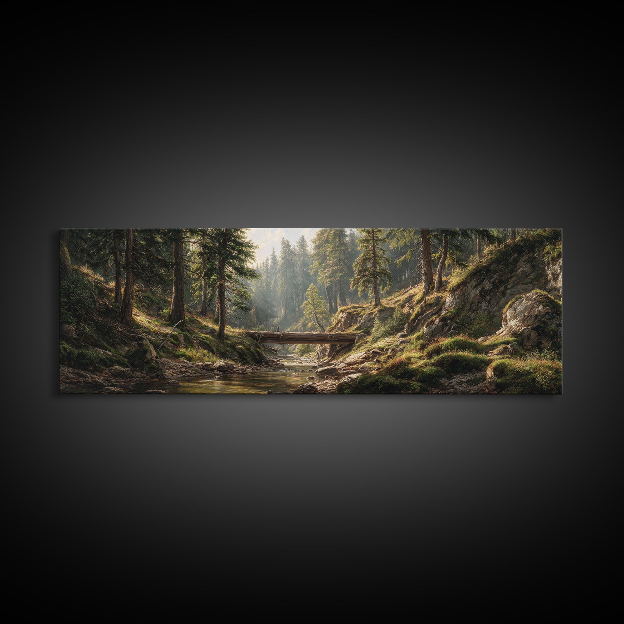 Sunlit Forest Creek Framed Canvas Print, Rustic Landscape Wall Art, Nature Cabin Decor, Large Horizontal Living Room Art