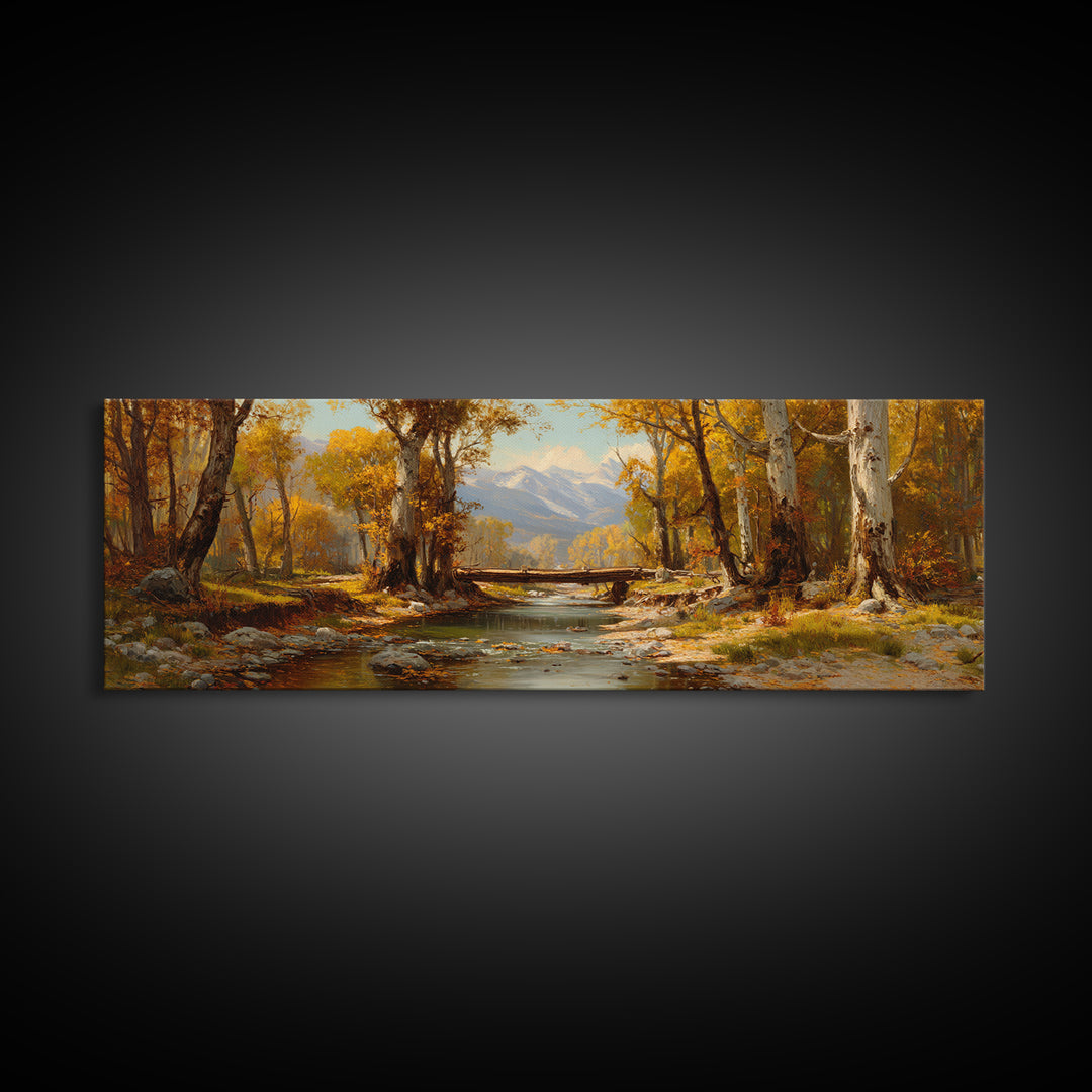Autumn River Birch Forest Canvas Print, Mountain Landscape Painting, Rustic Wall Art, Farmhouse Decor, Nature Wall Decor