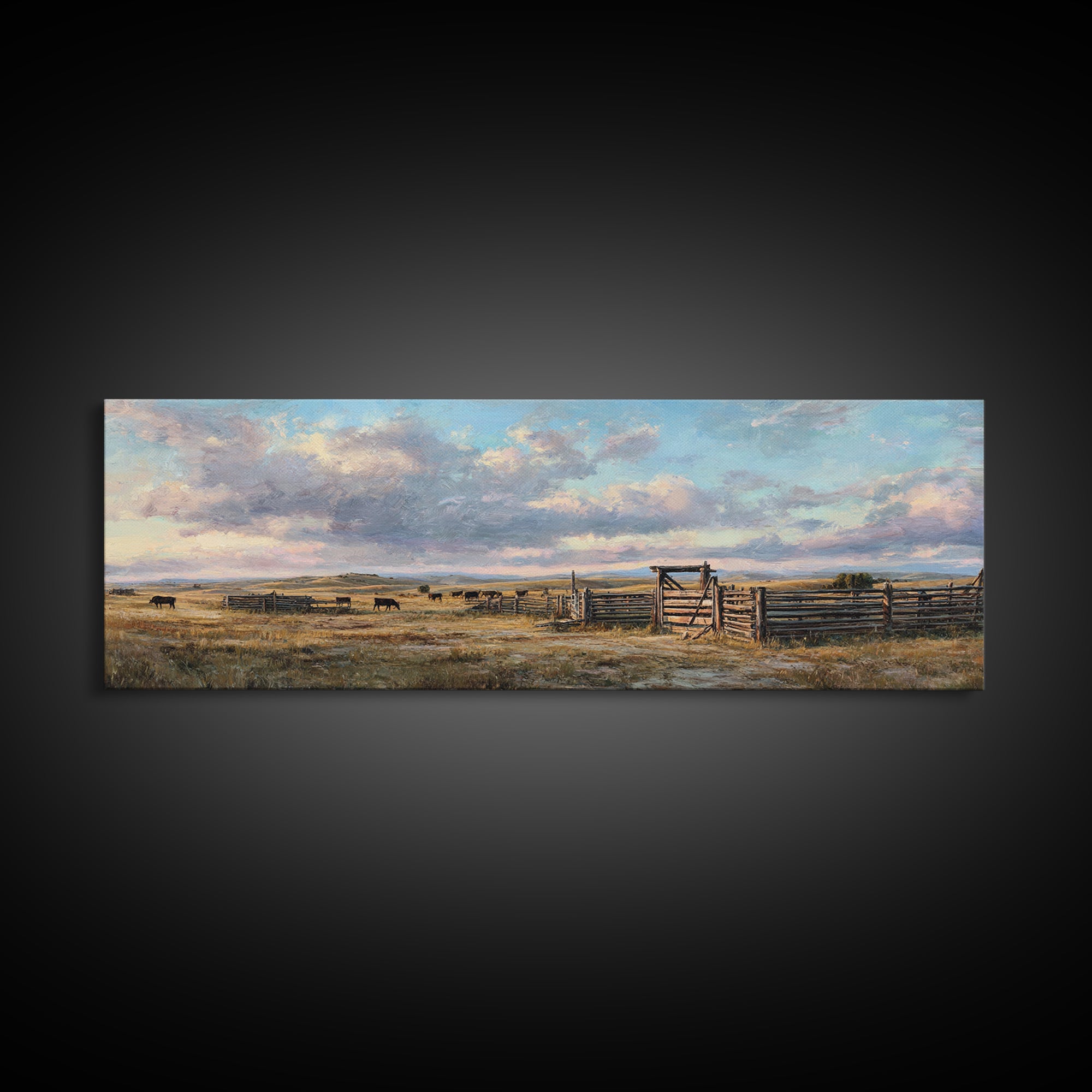Wide Western Prairie Corral Canvas Print, Rustic Ranch Landscape Wall Art, Farmhouse Decor, Cowboy Housewarming Gift For Him