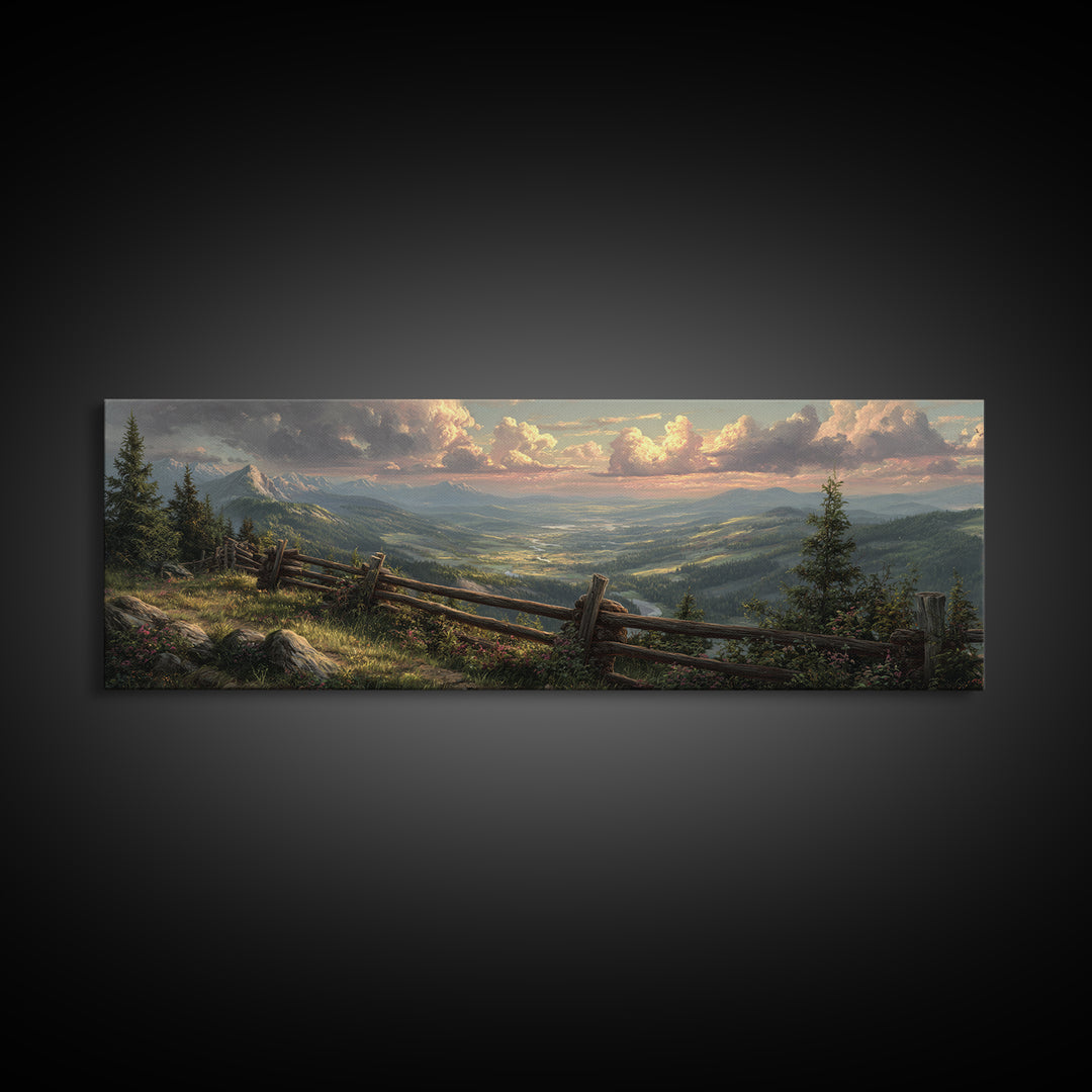 Misty Mountain Valley Landscape Wall Art, Rustic Cabin Nature Painting, Large Panoramic Decor For Living Room And Office