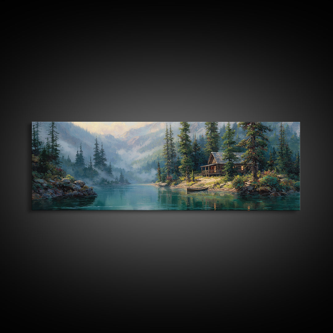 Misty Mountain Lake Cabin Wall Art, Rustic Landscape Painting, Nature Wall Decor, Lake House Canvas, Cozy Home Decor Gift
