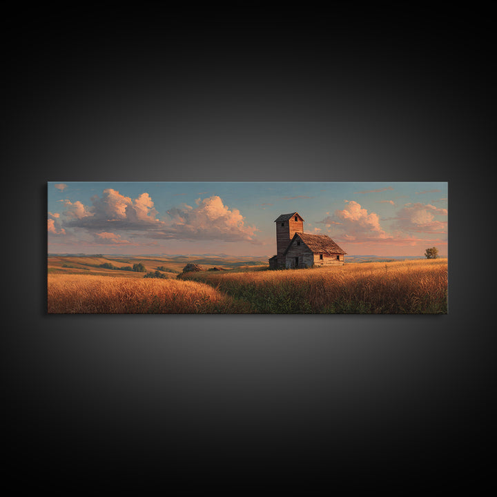 Rustic Prairie Church Framed Canvas Print, Country Landscape Wall Art, Farmhouse Home Decor, Golden Field, Housewarming Gift