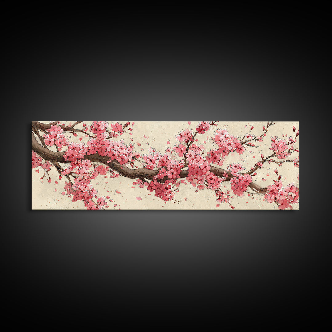 Pink Cherry Blossom Branch Wall Art, Japanese Floral Canvas Print, Botanical Wall Decor, Japandi Bedroom Art Print, Above Bed Decor