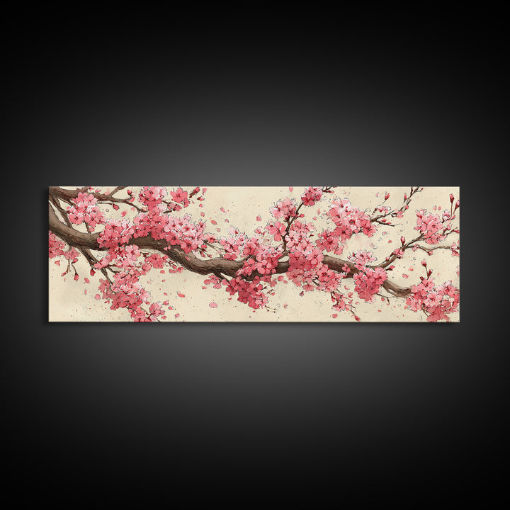 Pink Cherry Blossom Branch Wall Art, Japanese Floral Canvas Print, Botanical Wall Decor, Japandi Bedroom Art Print, Above Bed Decor