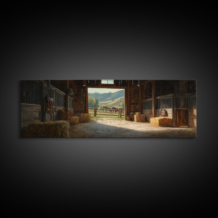 Rustic Horse Barn Interior Wall Art, Sunlit Stable Landscape Canvas Print, Equestrian Farmhouse Decor, Country Gift For Horse Lover