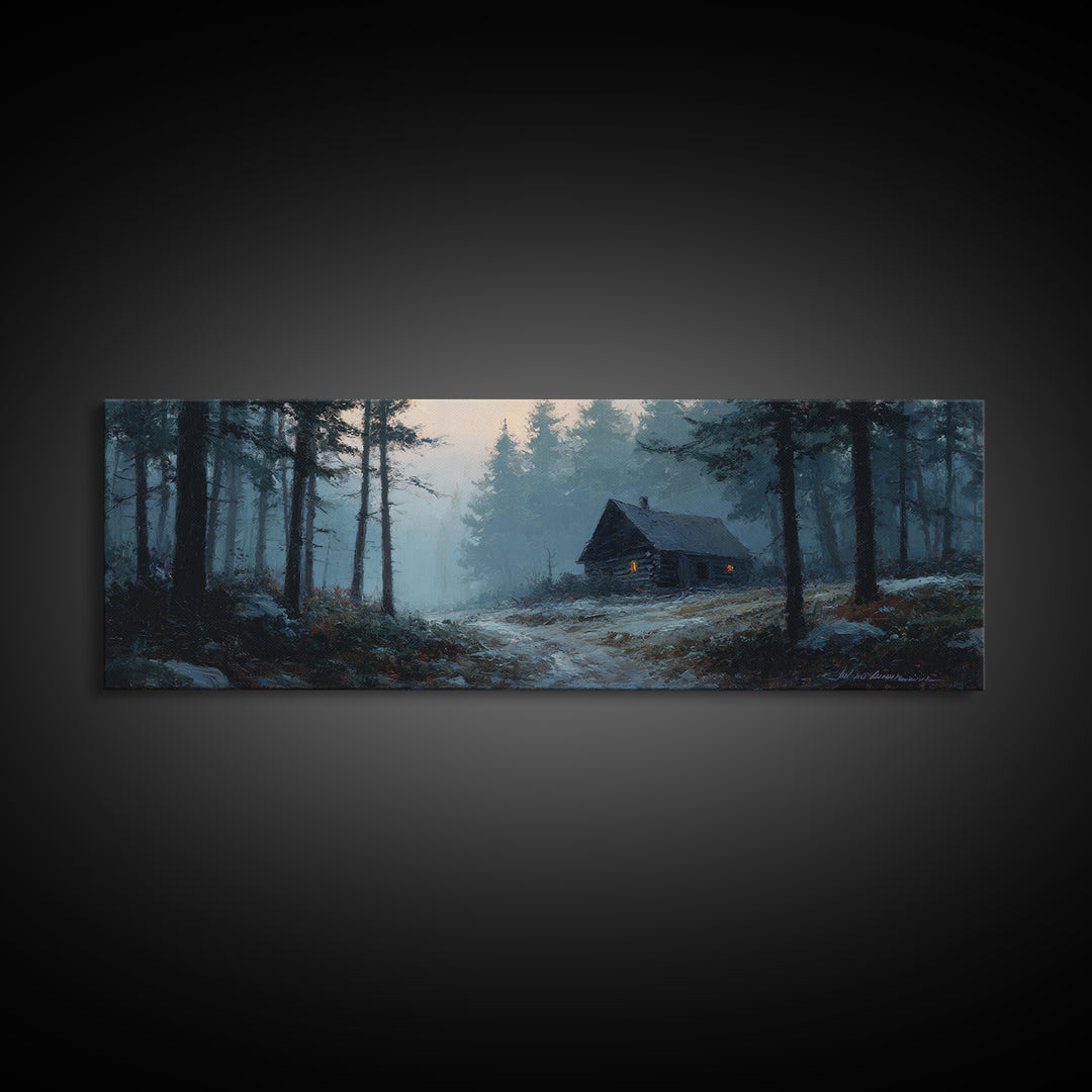 Snowy Cabin In Misty Pine Forest Wall Art, Winter Landscape Canvas Print, Rustic Cabin Decor, Cozy Nature Wall Decor, Above Bed Art