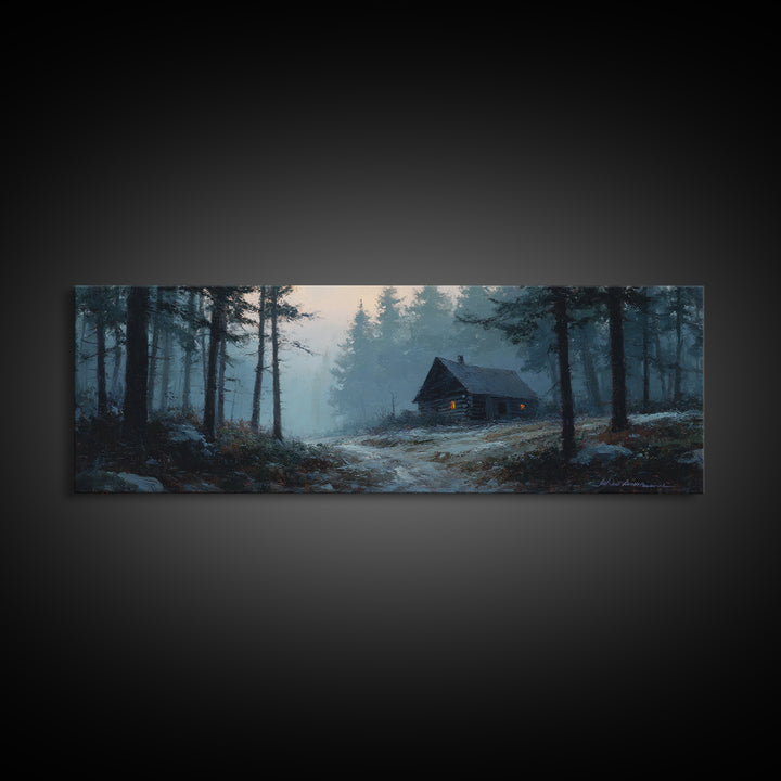 Snowy Cabin In Misty Pine Forest Wall Art, Winter Landscape Canvas Print, Rustic Cabin Decor, Cozy Nature Wall Decor, Above Bed Art