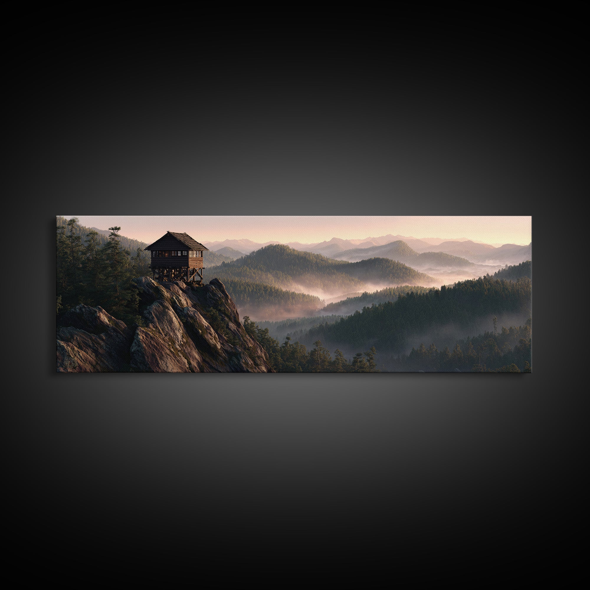 Misty Mountain Lookout Cabin Framed Canvas Print, Rustic Wall Art, Forest Landscape Decor, Cabin Housewarming Nature Gift