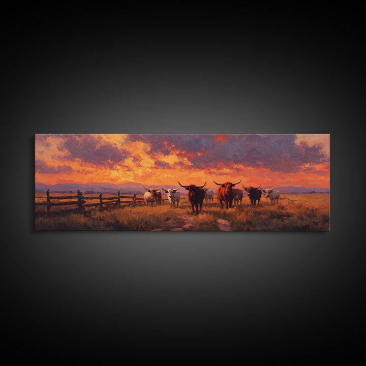 Longhorn Cattle At Fiery Sunset Wall Art, Western Ranch Landscape Canvas Print, Rustic Farmhouse Decor, Cowboy Gift For Him
