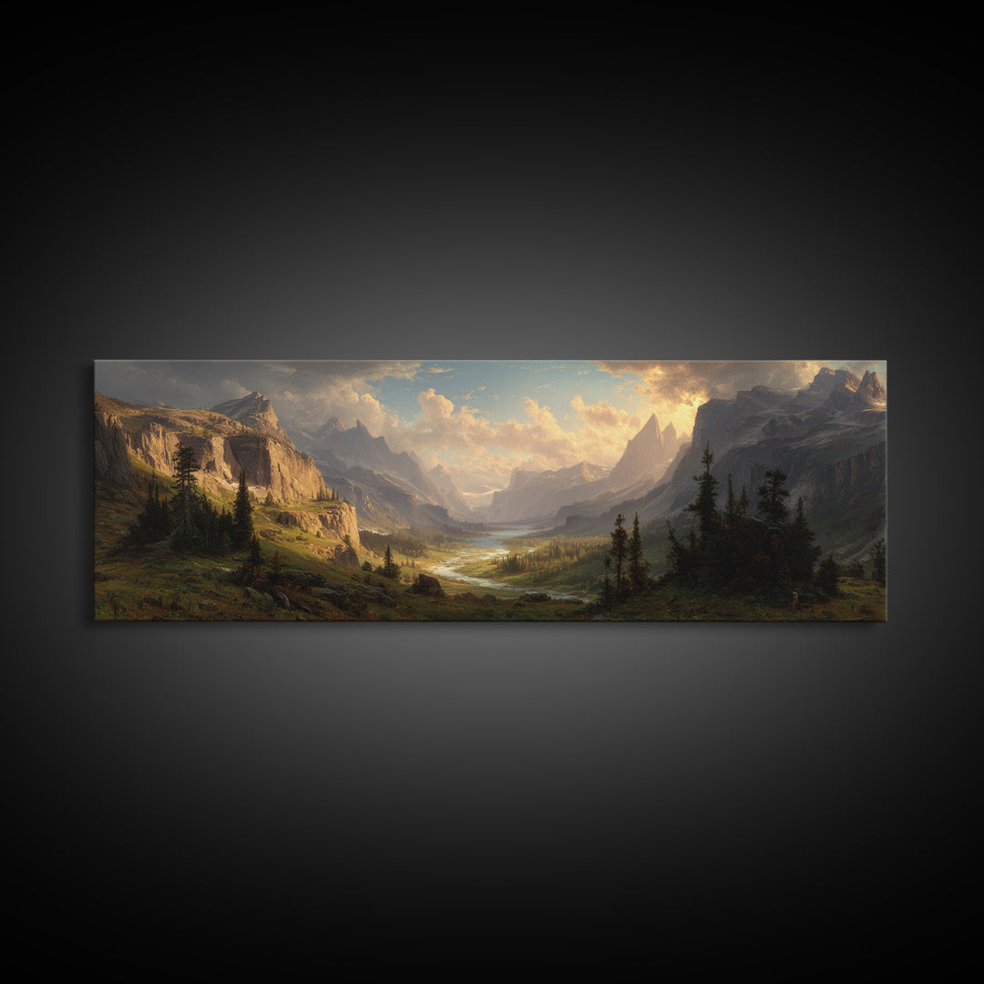 Epic Mountain Valley Sunset Framed Canvas Print, Landscape Wall Art, Rustic Home Decor, Large Nature Print, Cabin Gift Idea