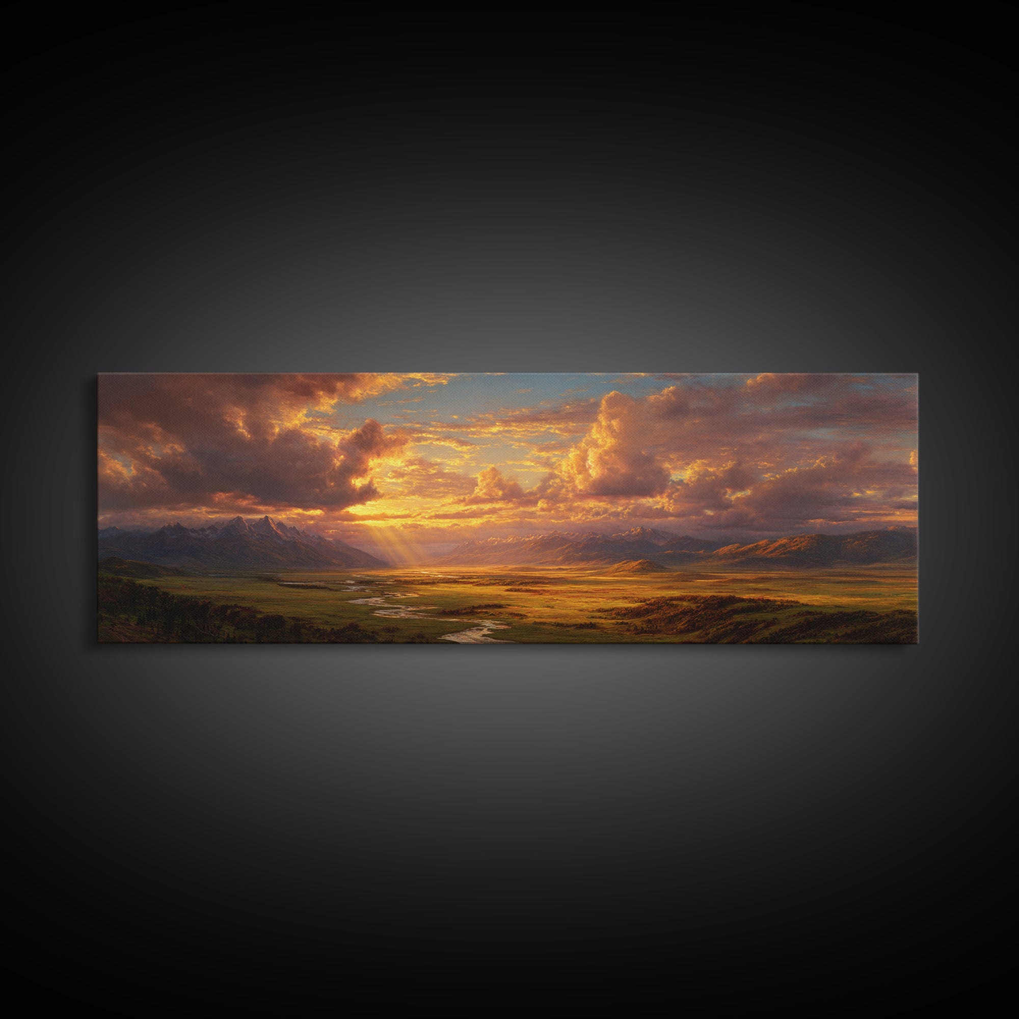 Golden Mountain Valley Sunset Wall Art, Panoramic Landscape Painting, Rustic Nature Decor For Living Room And Office Wall Decor