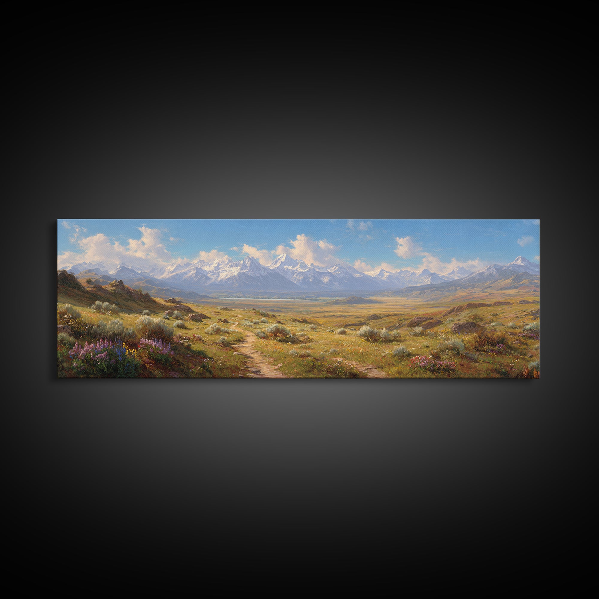 Wildflower Meadow Mountain Landscape Wall Art, Panoramic Canvas Print, Rustic Nature Decor, Large Living Room Wall Decor