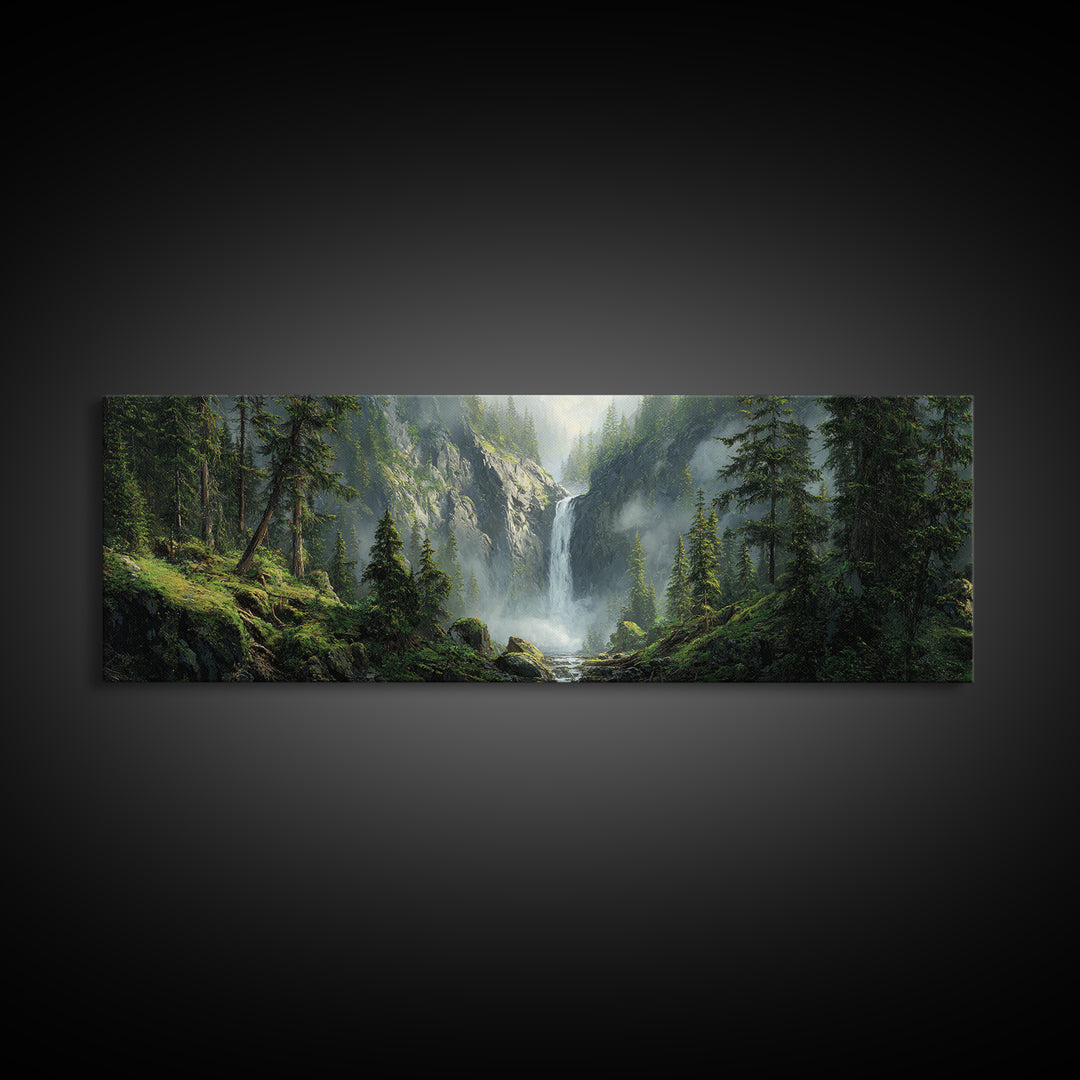 Misty Waterfall Forest Framed Canvas Print, Mountain Landscape Wall Art, Nature Wall Decor, Cabin Decor, Large Horizontal Art