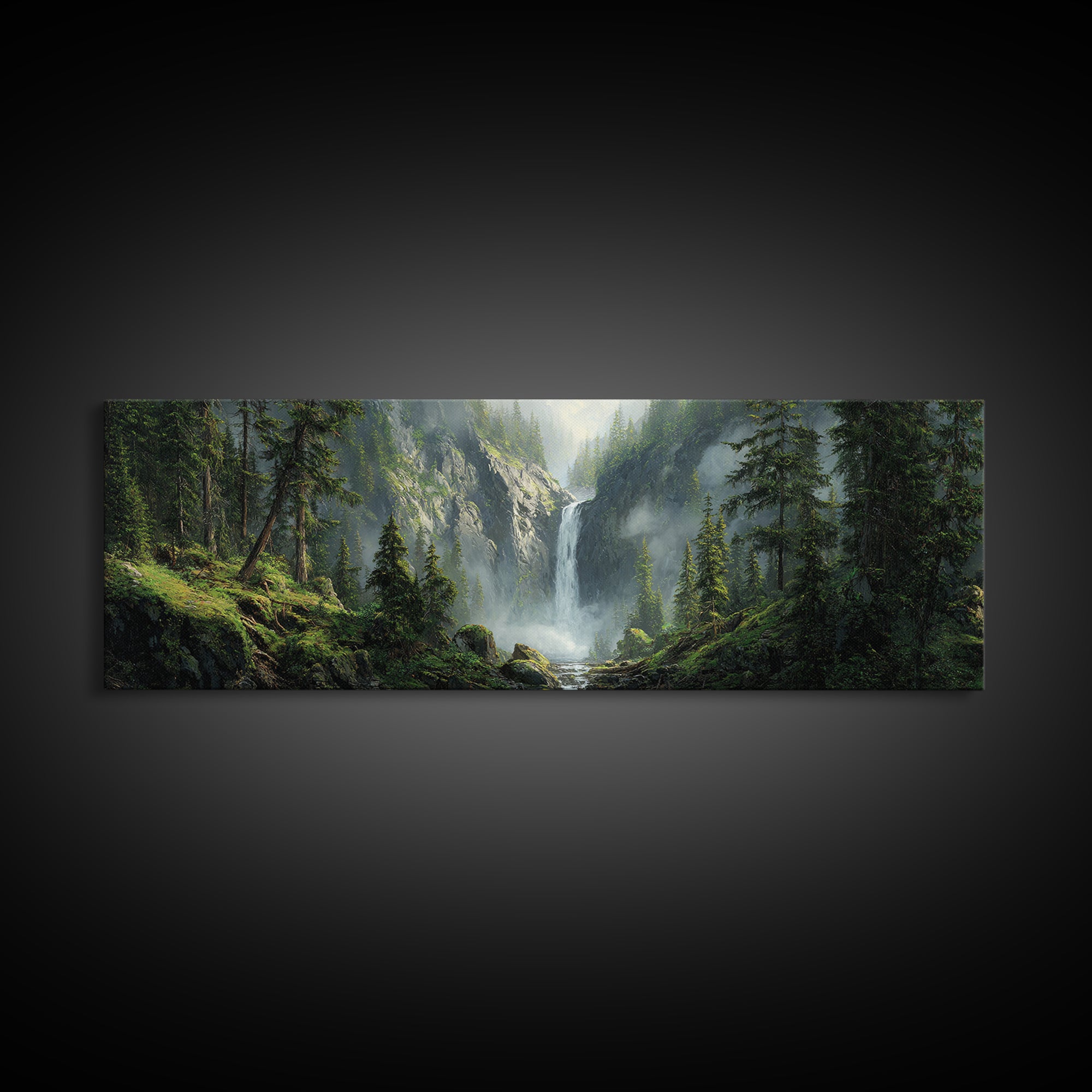 Misty Waterfall Forest Framed Canvas Print, Mountain Landscape Wall Art, Nature Wall Decor, Cabin Decor, Large Horizontal Art