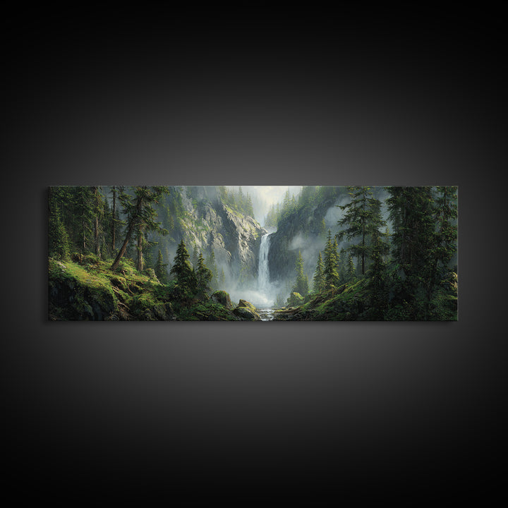 Misty Waterfall Forest Framed Canvas Print, Mountain Landscape Wall Art, Nature Wall Decor, Cabin Decor, Large Horizontal Art