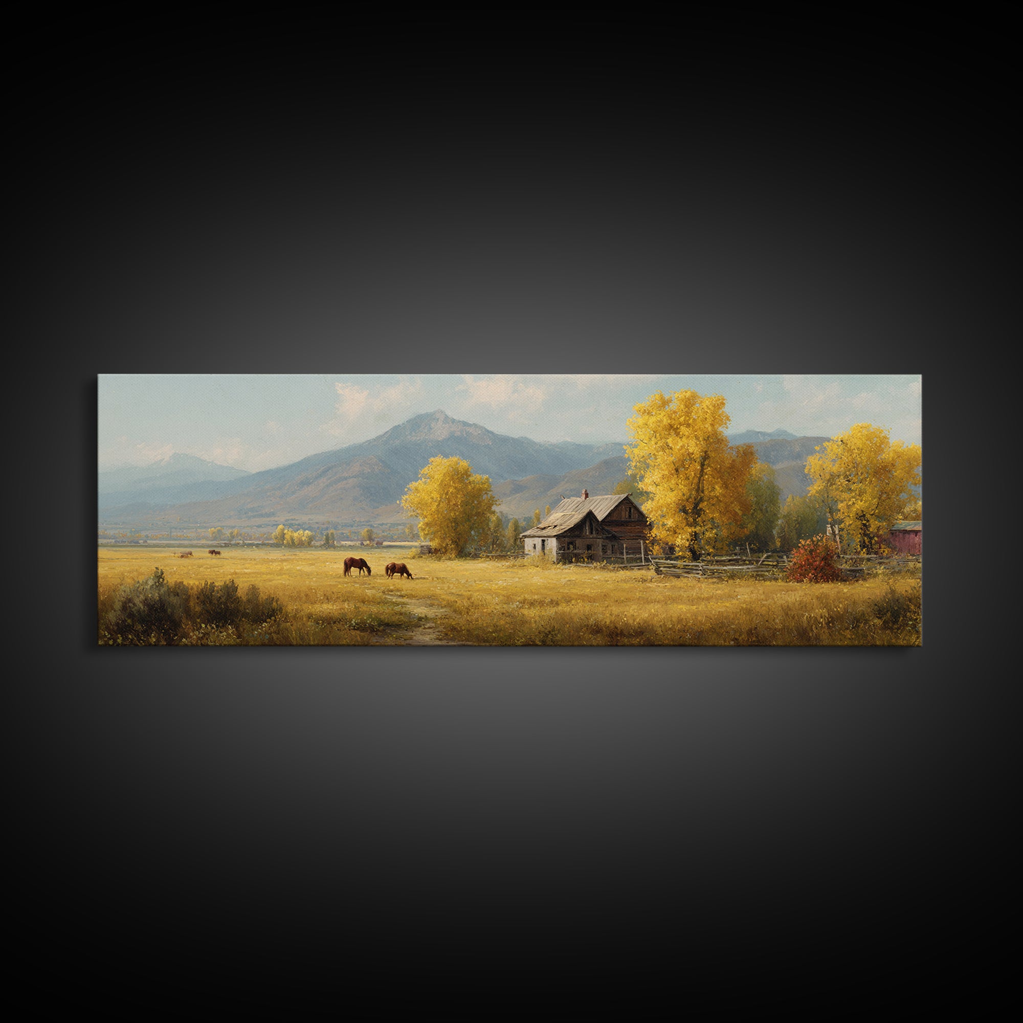 Autumn Mountain Cabin And Horses Wall Art, Rustic Farmhouse Landscape Painting, Country Home Decor, Large Canvas Print Gift