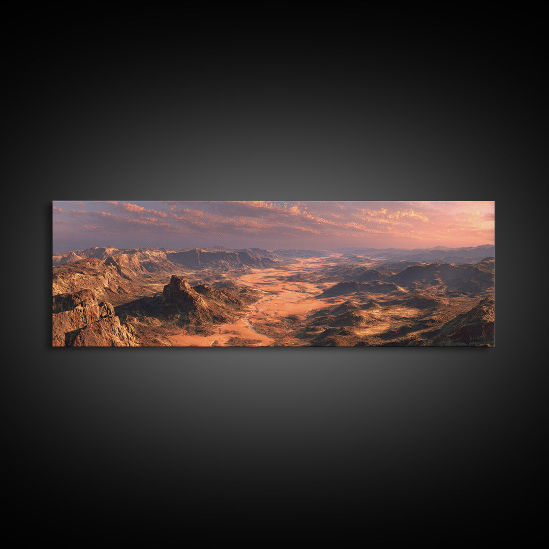 Golden Desert Valley Wall Art, Panoramic Mountain Landscape Canvas Print, Southwestern Home Decor, Large Above Sofa Art Print