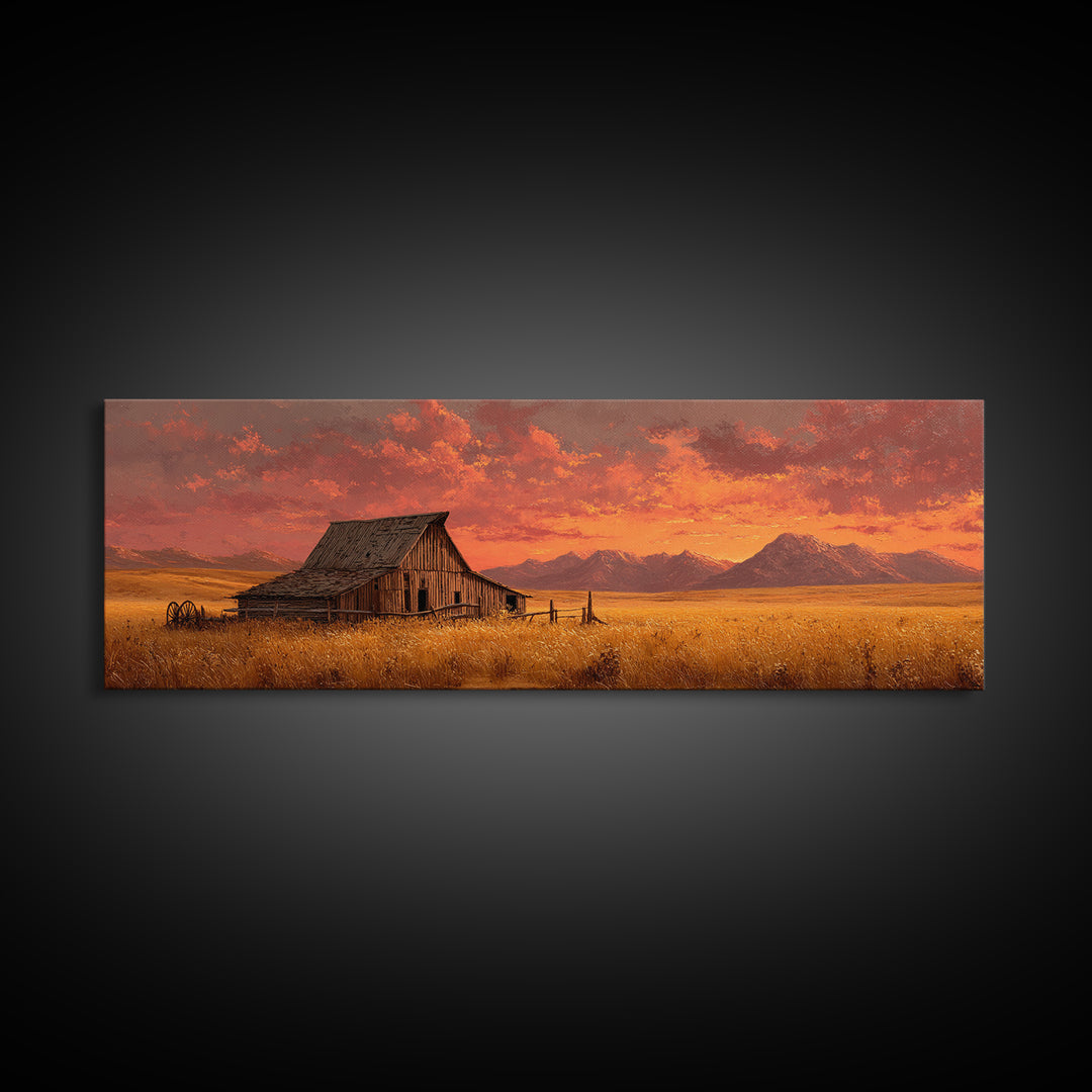 Rustic Barn At Sunset Framed Canvas Print, Western Landscape Living Room Wall Art, Farmhouse Decor, Country Home Housewarming Gift