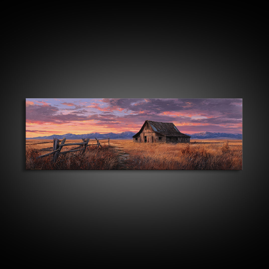 Rustic Barn Sunset Framed Canvas Print, Western Landscape Wall Art, Farmhouse Decor, Mountain Ranch Housewarming Gift For Him