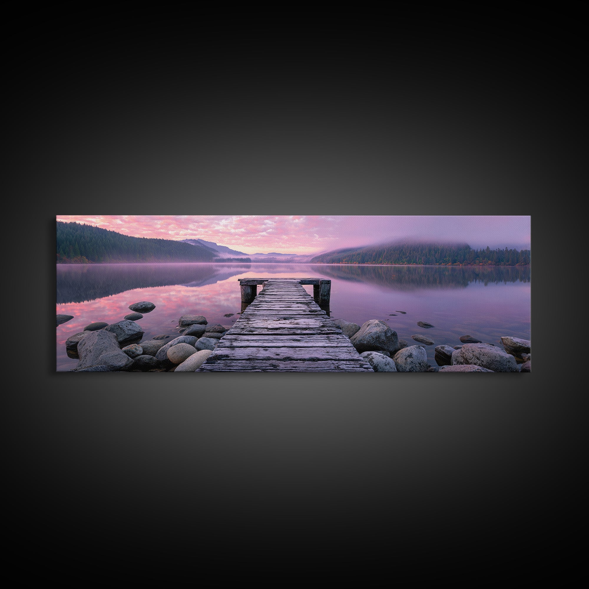 Misty Lake Dock At Pink Sunrise, Calming Wall Art, Lake House Canvas Print, Nature Landscape Decor, Above Bed Art, Bedroom Decor