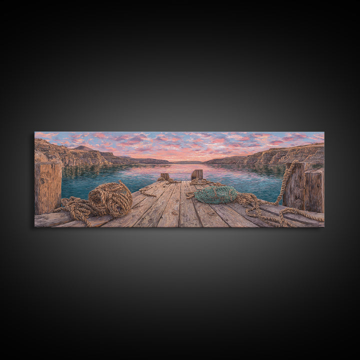 Rustic Lake Dock At Sunset Framed Canvas Print, Coastal Landscape Wall Art For Cabin Decor, Lake House, Living Room Decor