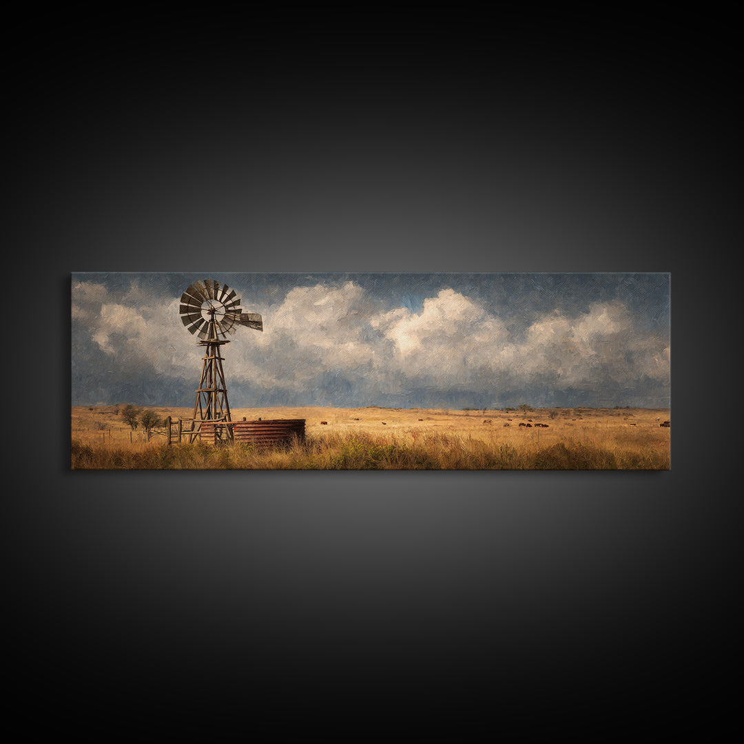Stormy Prairie Windmill Wall Art, Rustic Western Canvas Print, Farmhouse Landscape Decor, Large Country Art For Living Room