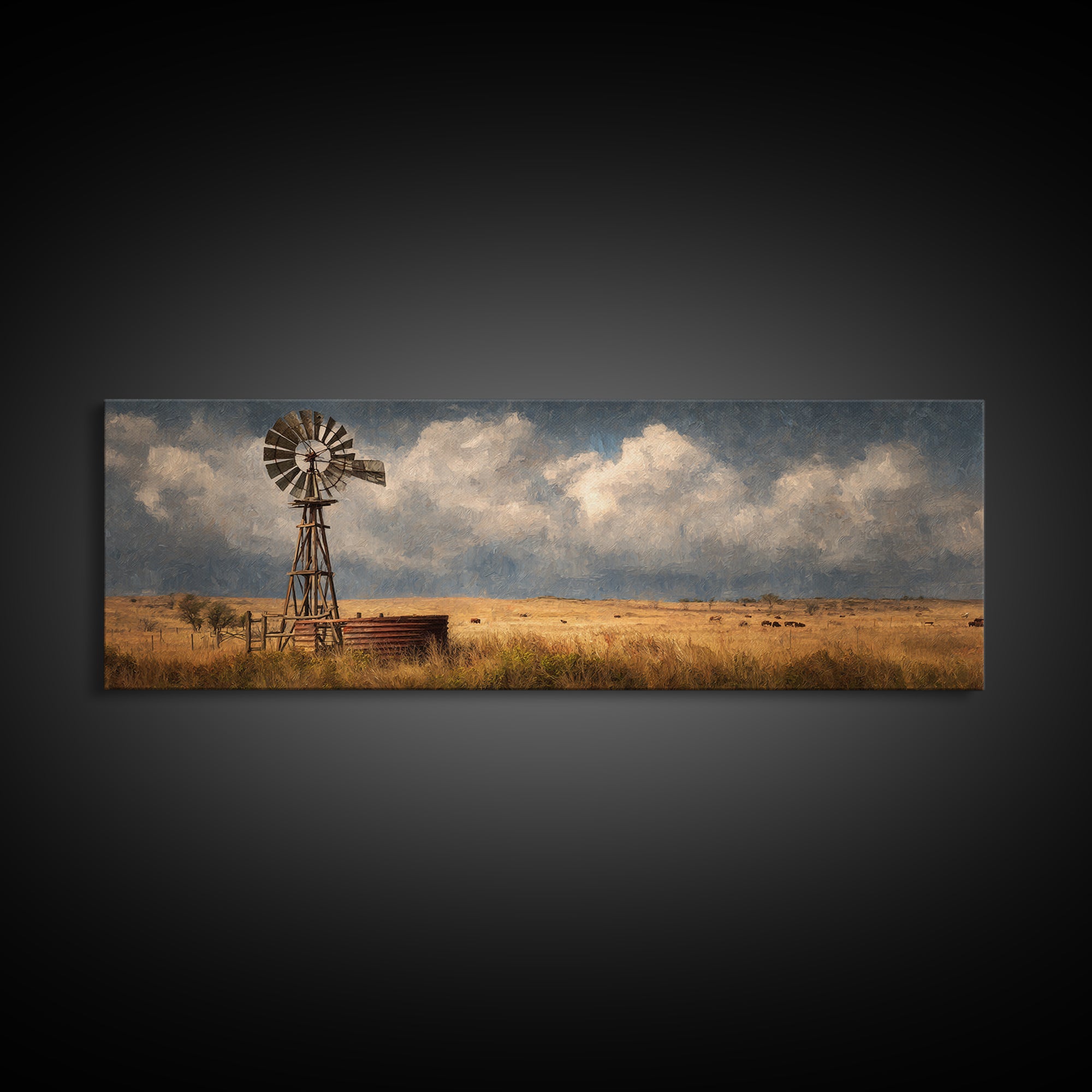 Stormy Prairie Windmill Wall Art, Rustic Western Canvas Print, Farmhouse Landscape Decor, Large Country Art For Living Room