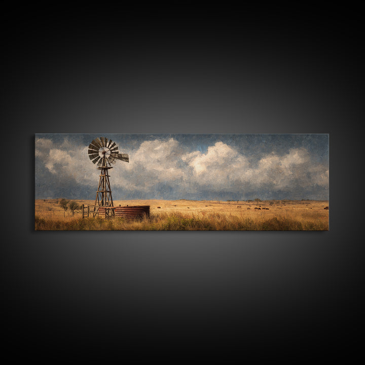 Stormy Prairie Windmill Wall Art, Rustic Western Canvas Print, Farmhouse Landscape Decor, Large Country Art For Living Room