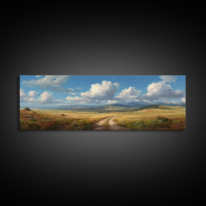 Open Prairie Path And Clouds Framed Canvas Print, Country Landscape Wall Art, Rustic Farmhouse Decor, Nature Oil Painting Print