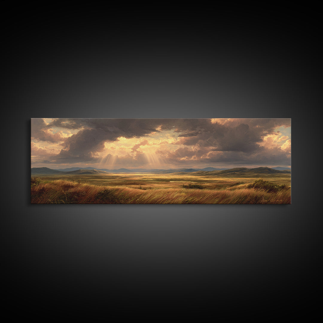 Golden Sun Rays Over Prairie Wall Art, Dramatic Sky Landscape Canvas Print, Nature Wall Decor, Rustic Living Room Art Gift